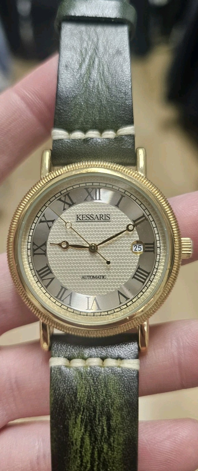 Kessaris Womens Watch 30mm Cream Dial Date Automatic Green Ostrich Leather Strap