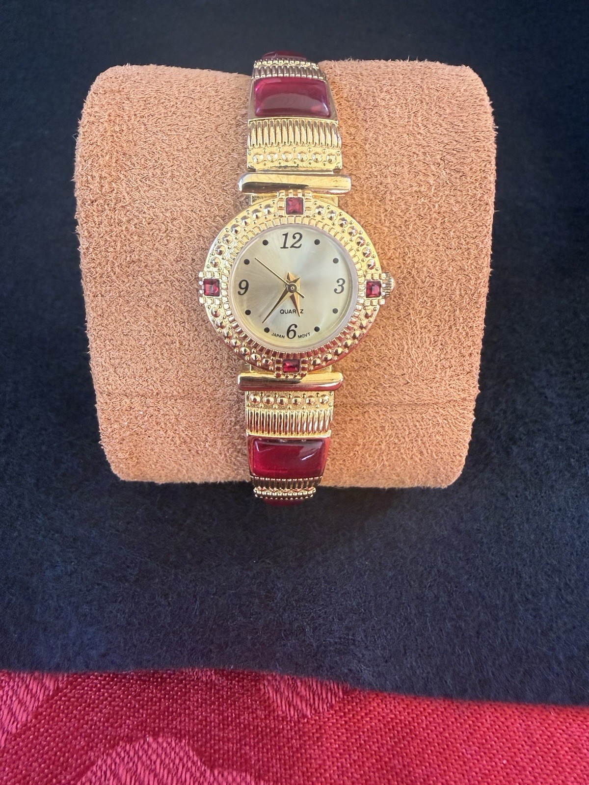 Vintage Gold Tone Avon Red Accented Cuff to Stretch Watch with New Battery