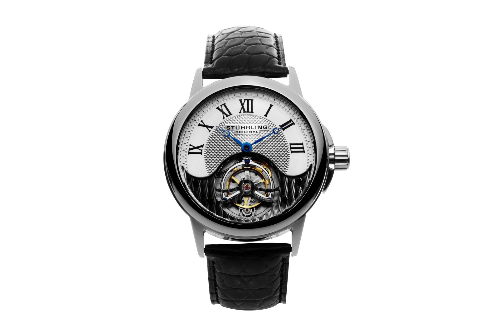 Tourbillon Silver case/Alligator strap/ Brass Dial | Silver Dial Wristwatch 541.