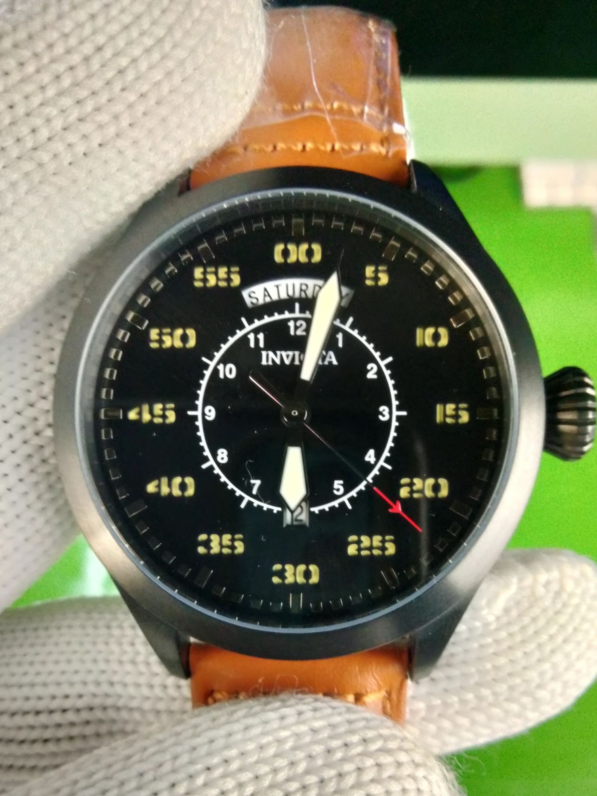 Invicta Aviator 22974 Men Black Case & Dial Tan Leather Strap Quartz Watch 45 mm