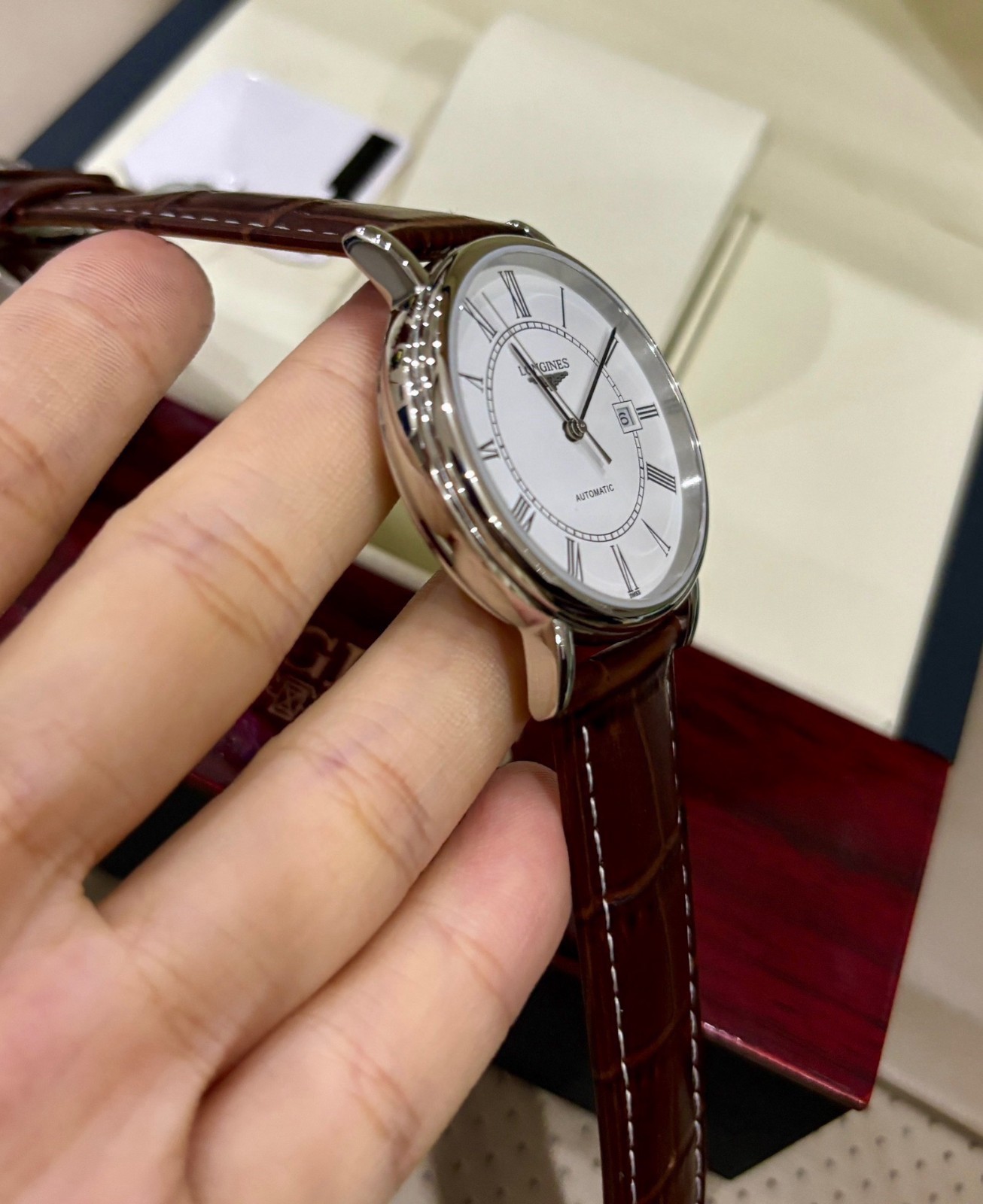 Longines Presence Automatic 39mm White Dial Brown Leather Men’s Watch Real Photo