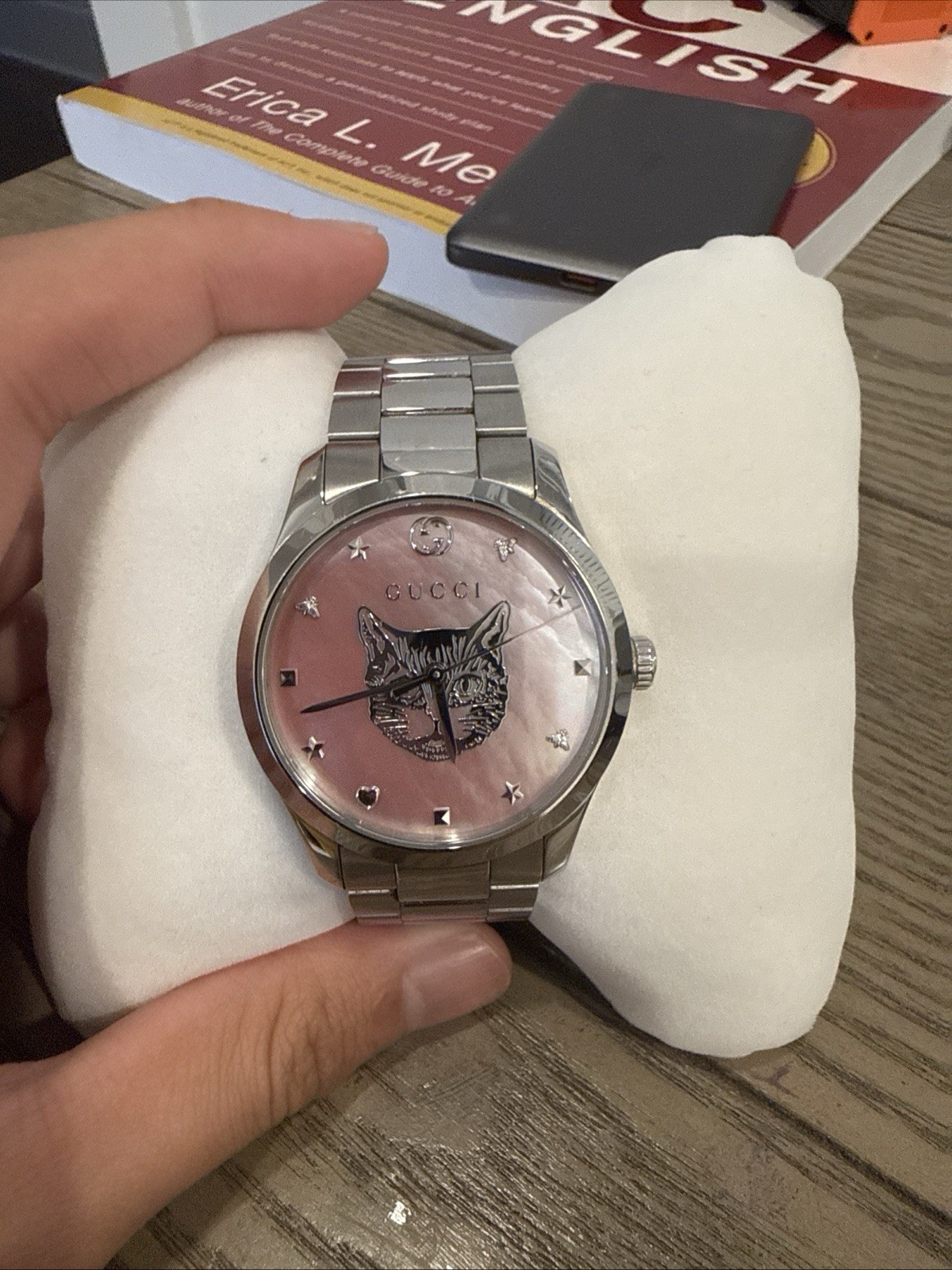 Gucci G Timeless Pink Shell CatWristwatch Unisex Collectible Timepiece