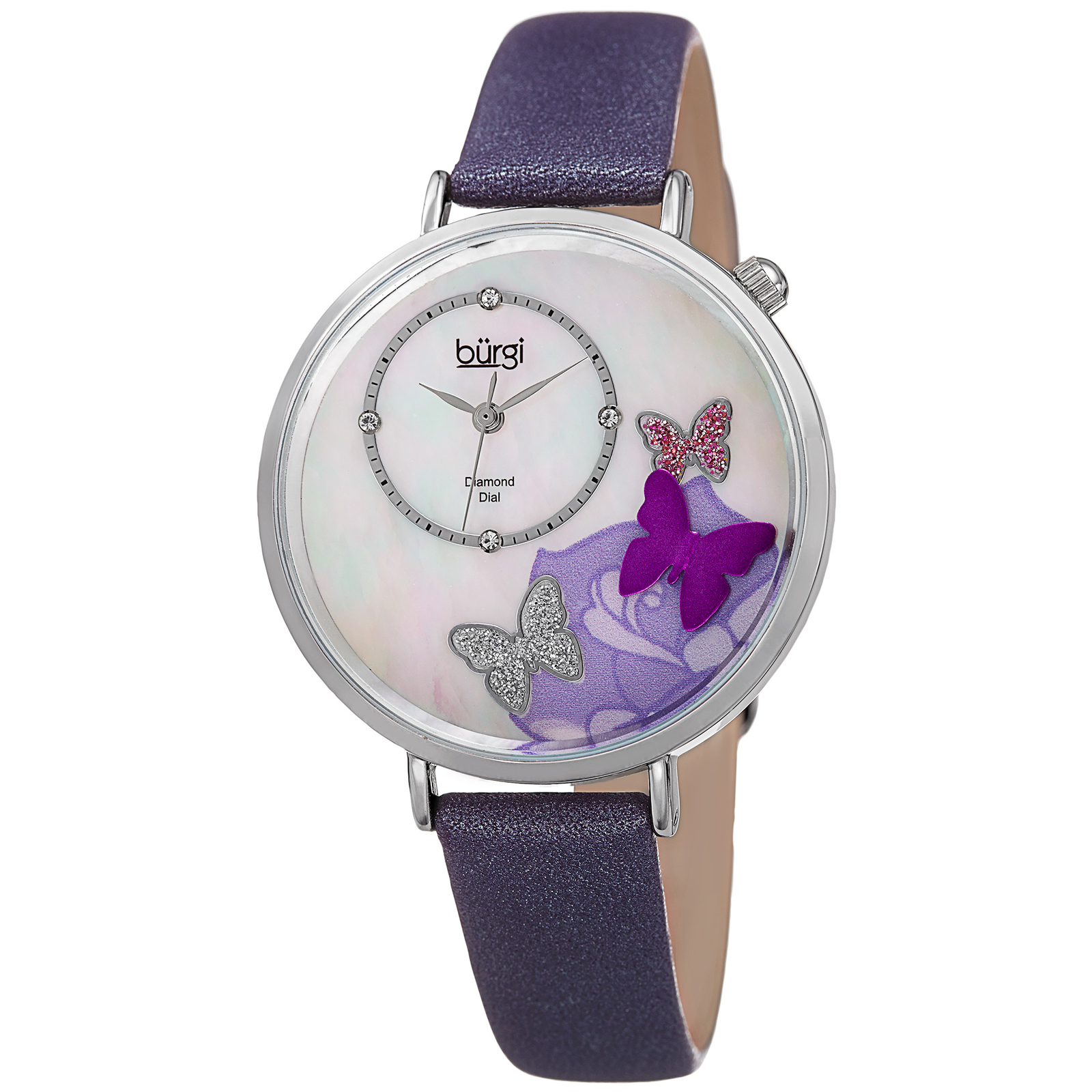 Women’s Burgi BUR158PU 3-D Butterfly Mother of Pearl Diamond Dial Strap Watch