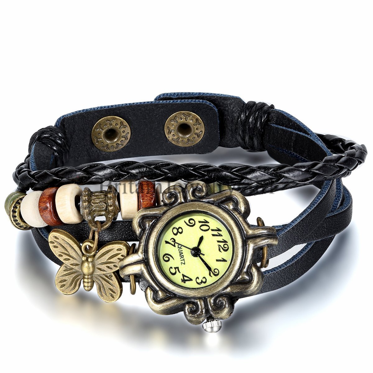 Multi-layer Butterfly Leather Bracelet Quartz Movement Wrist Watch Women Girls