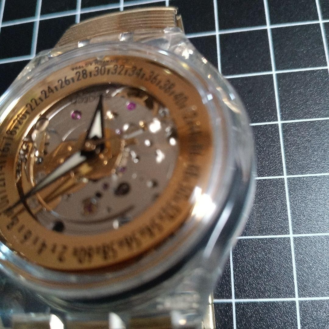 Swatch Automatic Watch Clear Gold Skeleton Dial Metal Band Vintage Rare