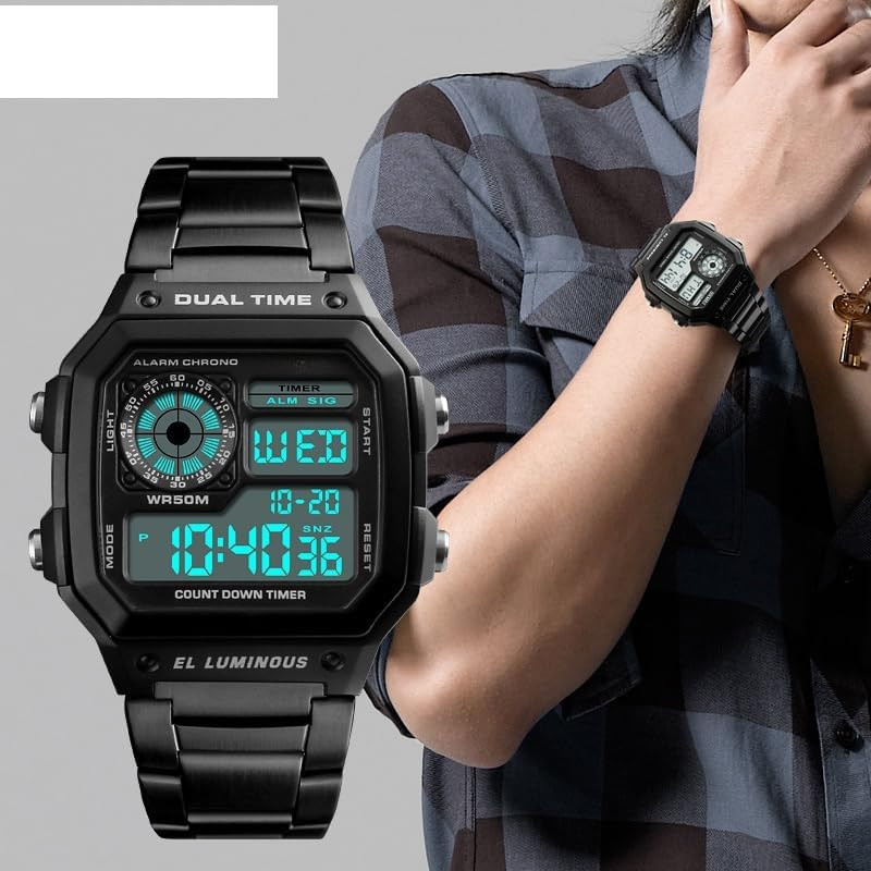 Men’S Digital Multi-Function Watches Dual Time Alarm Stopwatch Countdown Backlig