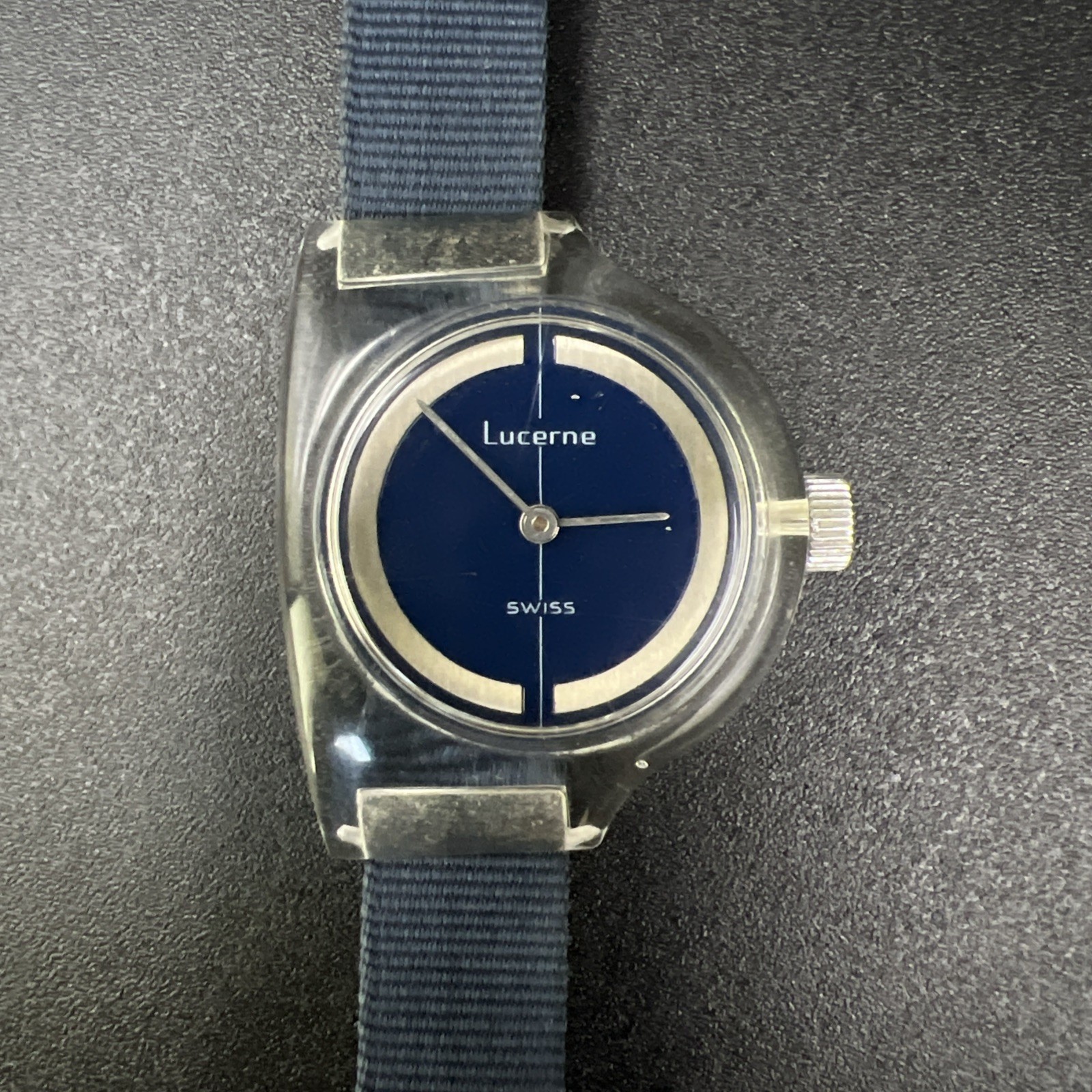 1970’s Vintage Clear Acrylic Lucerne Swiss Women’s Watch Blue Dial Manual Windup