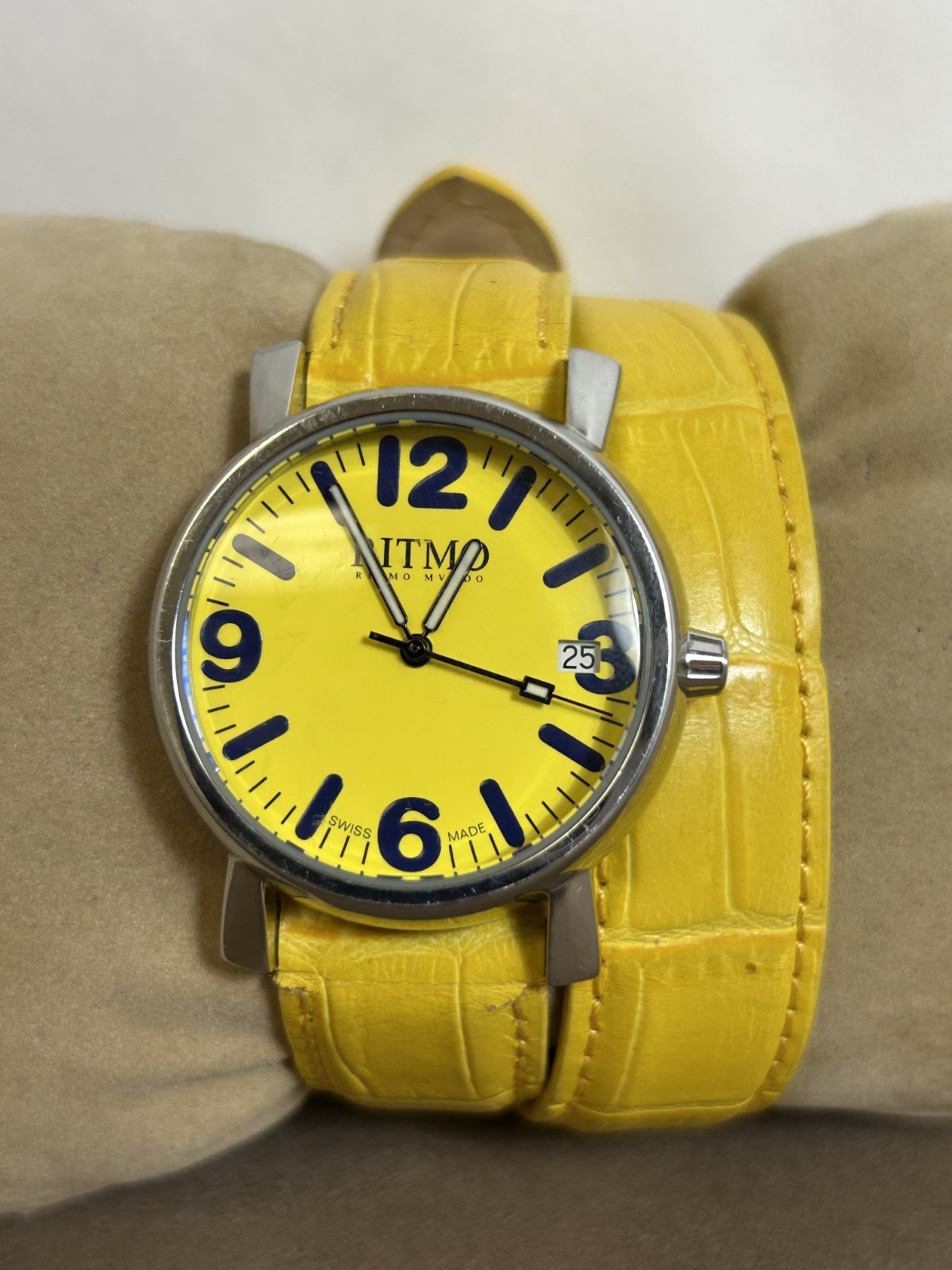 Ritmo Mundo Silver Tone Yellow Dial Yellow Leather Wrap Around Strap Watch