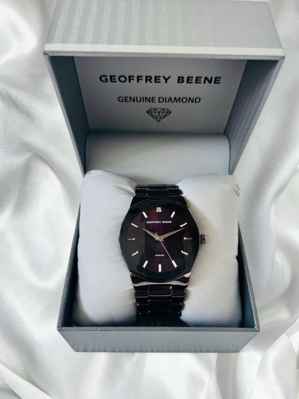Geoffrey Beene Genuine Diamond Men’s Quartz Black Analog Metal Bracelet Box