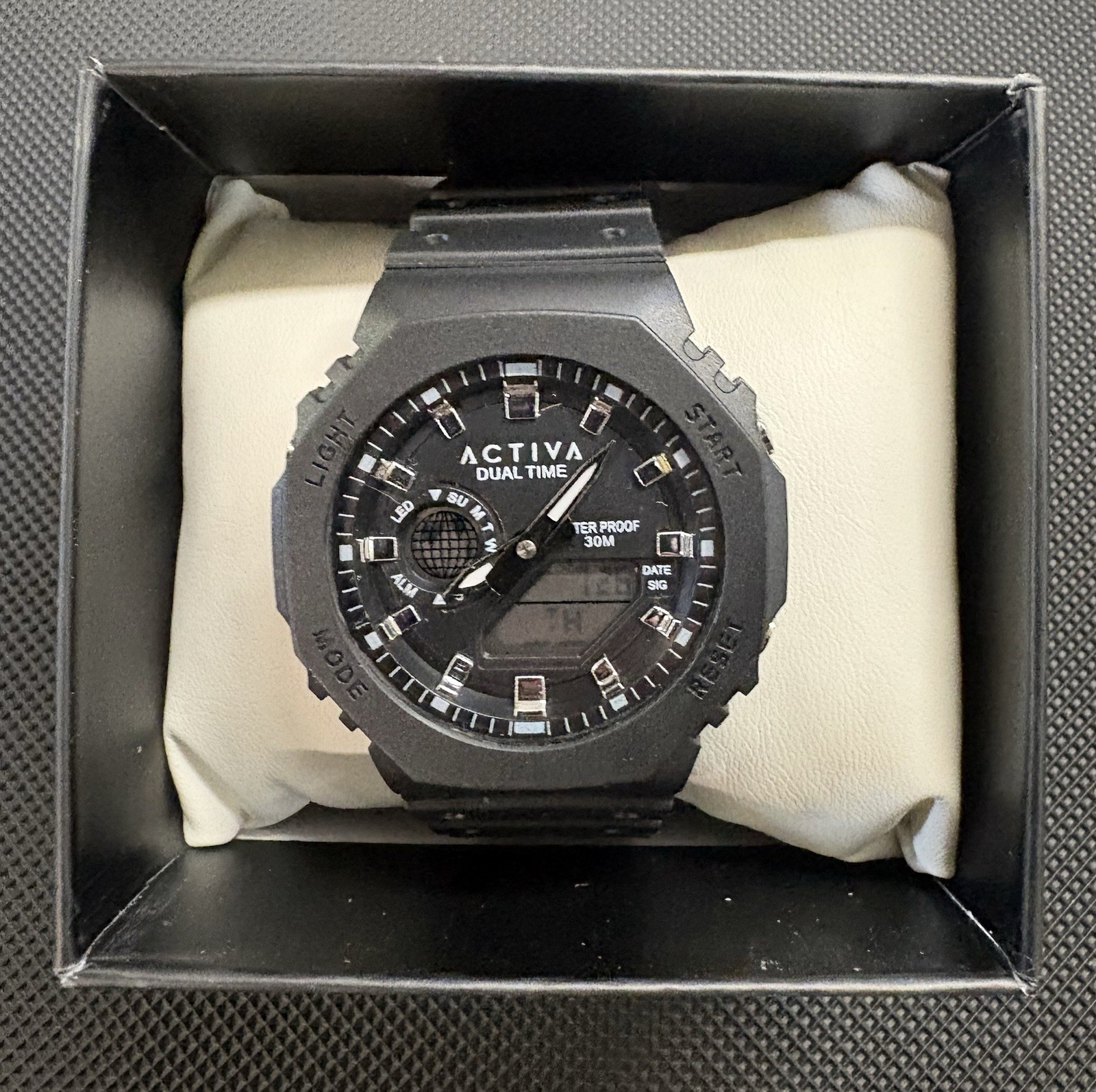 Activa Dual Time Analog-Digital Quartz Watch 30m Black Resin Strap Date Box