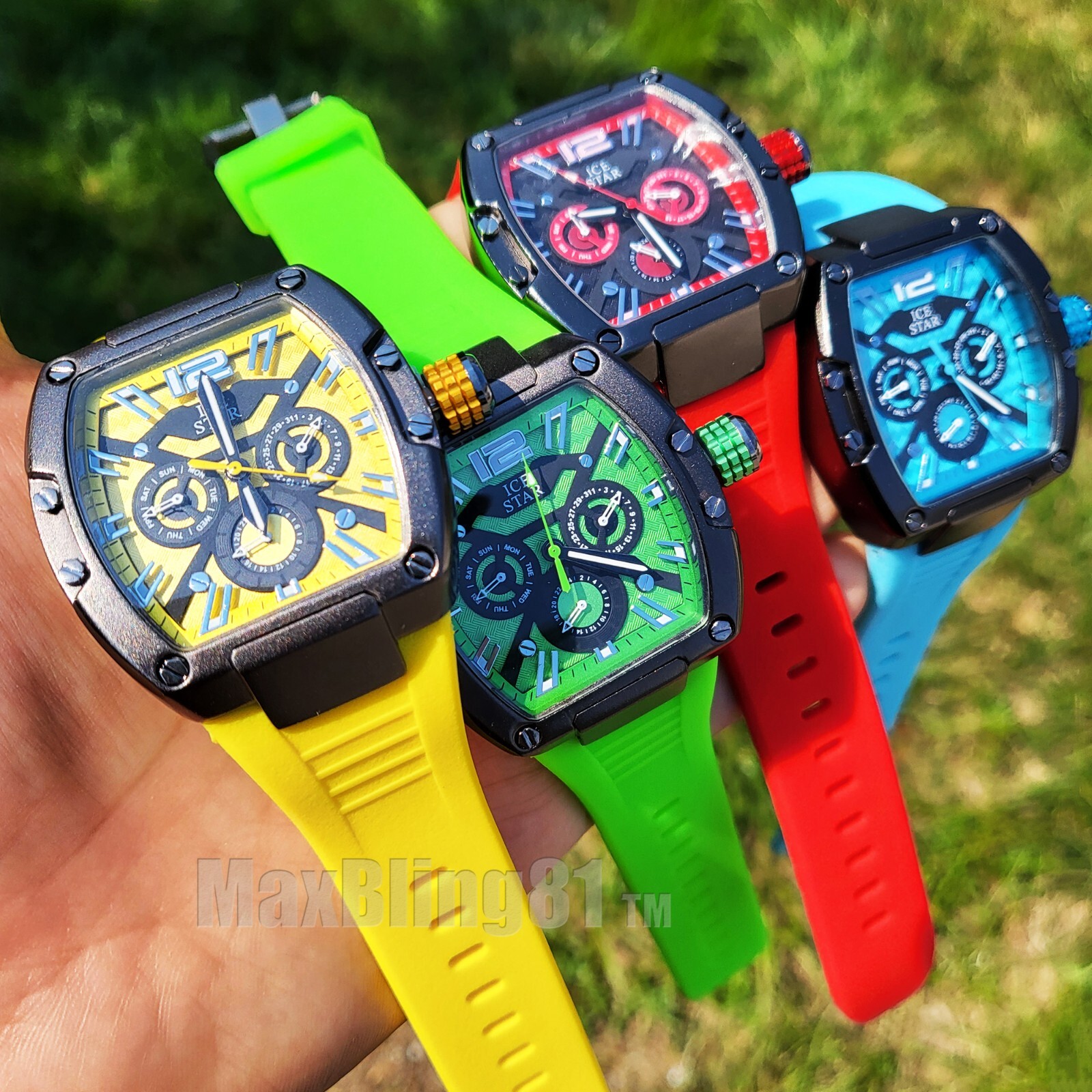 Luxury Watch Iced Bling Multi Function Movement Sports Silicone Band Hip Hop