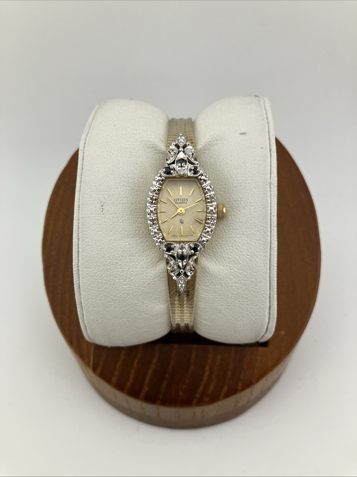 Geniune Citizen MOD Ladies 16mm Watch Gold Tone Diamond Dark Green Gemstone-RUNS