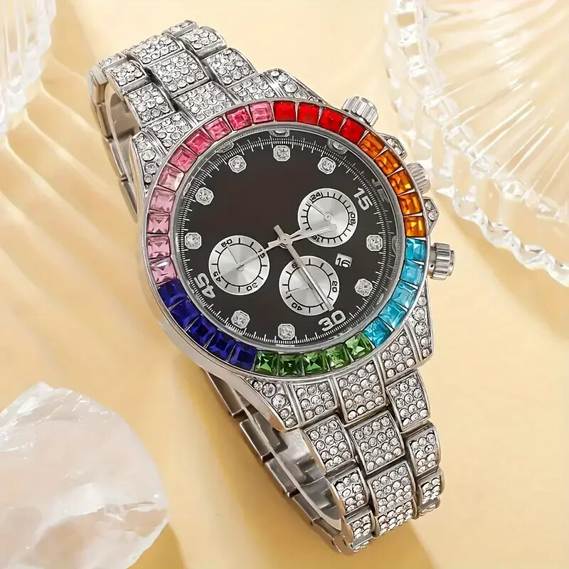 Men’s Watch Hip Hop Iced Multi Color Baguette Stone Silver Plated Fashion Bling