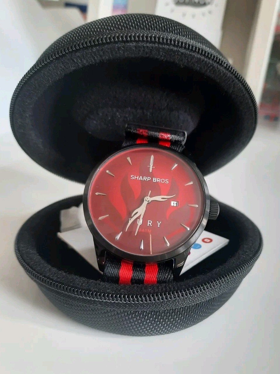Sharp Bros Fury Watch Red Inferno Face Quartz 42 mm w One Piece Nylon Strap