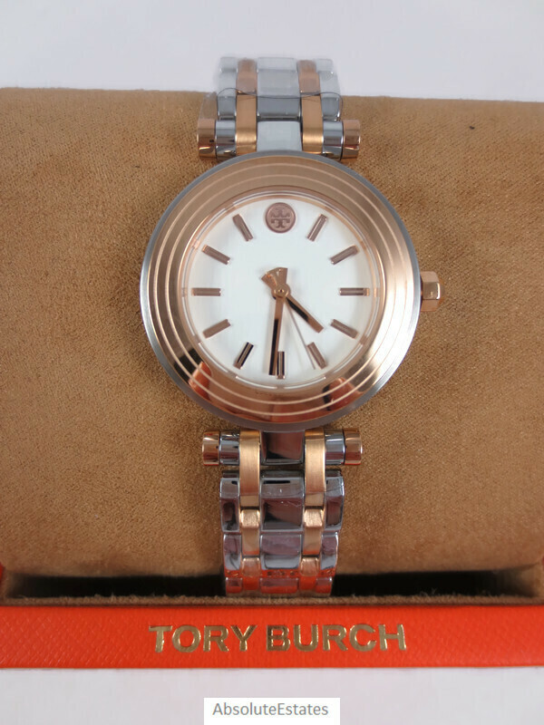 NEW Tory Burch Classic T Watch Two Tone Rose Gold Silver TBW9011 Logo NWT Box
