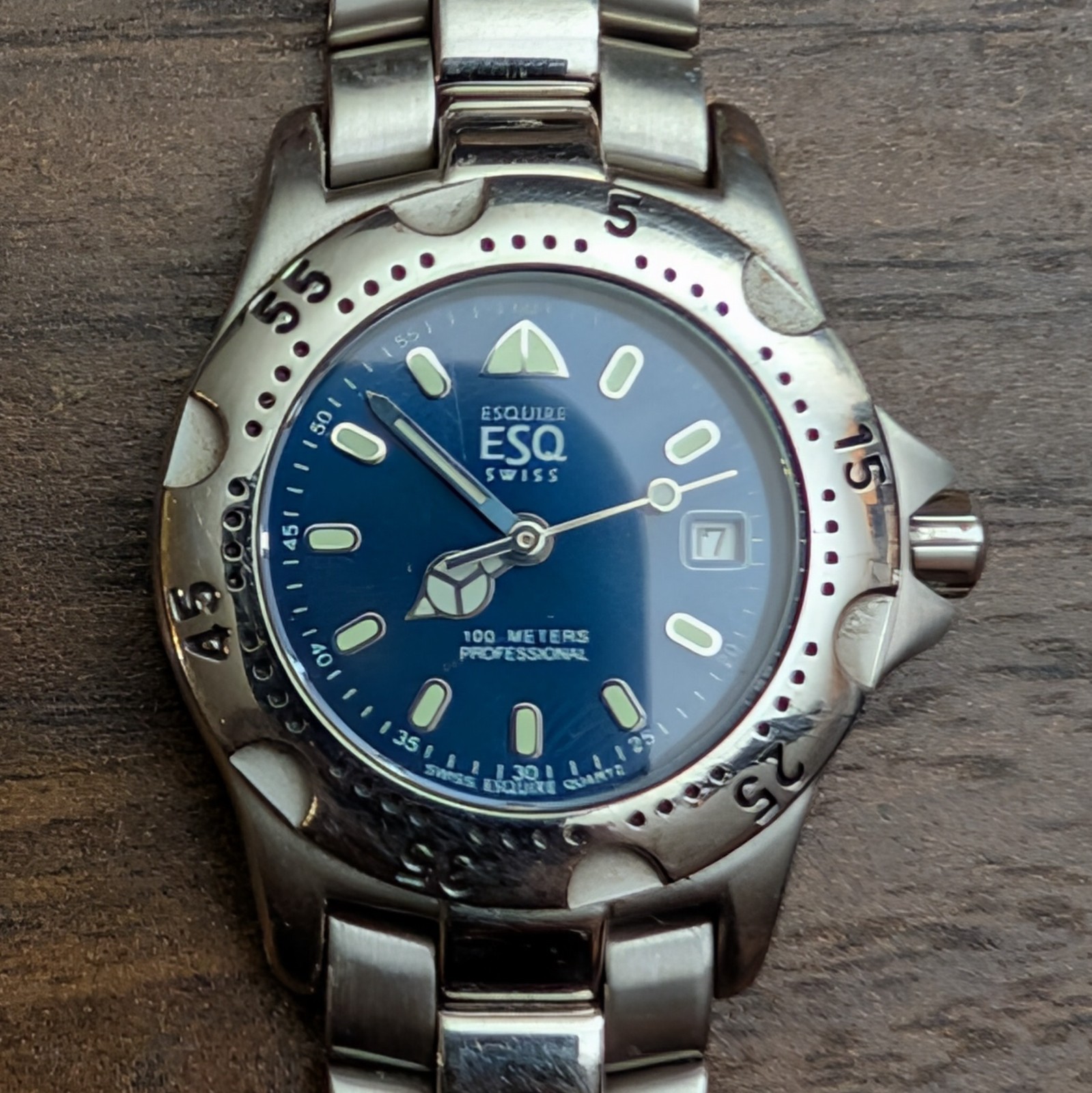 ESQ Movado Blue Dial Watch 100M Stainless Steel 28mm Date. Tested-Works. AS IS