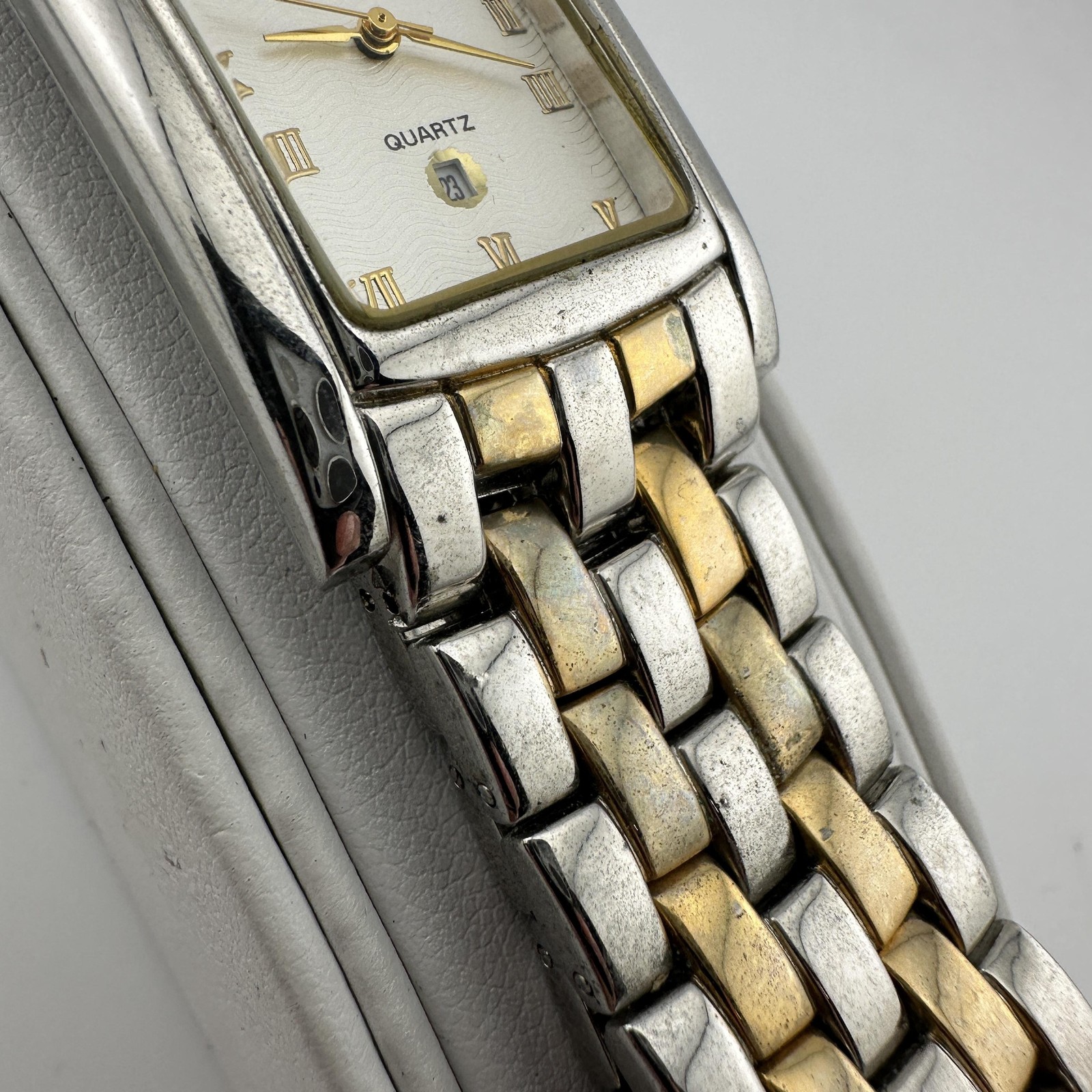 Celebrity Quartz Watch Rectangular Tank Two-Tone Roman Numeral Date Japan Movt