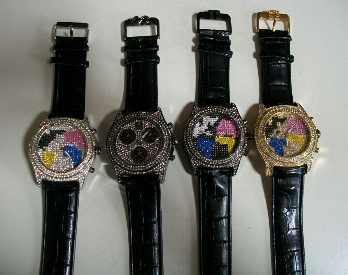 Men Bling Silver, Multicolor, Plain & Map Dial Black Leather Band Fashion Watch