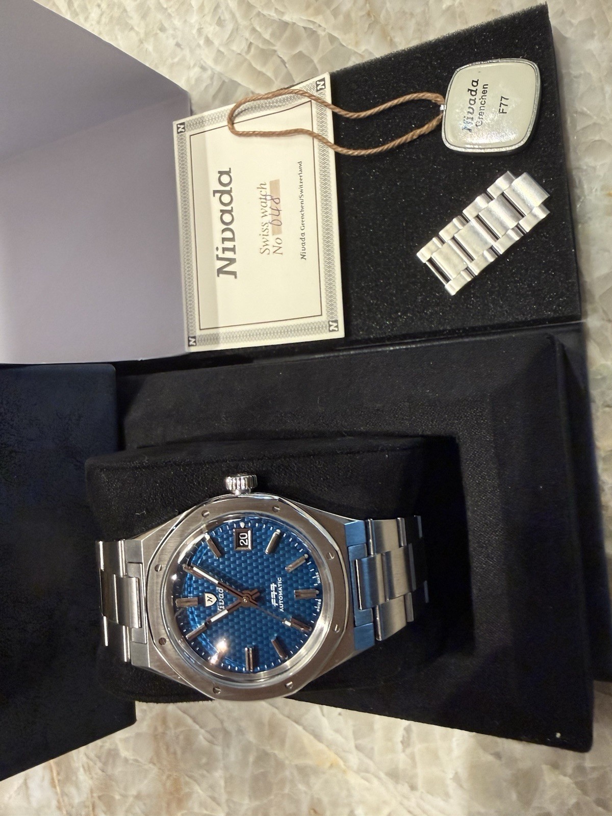 Nivada Grenchen F77 Mk1 #48 Automatic Blue Date Steel Bracelet – *Never Worn*!