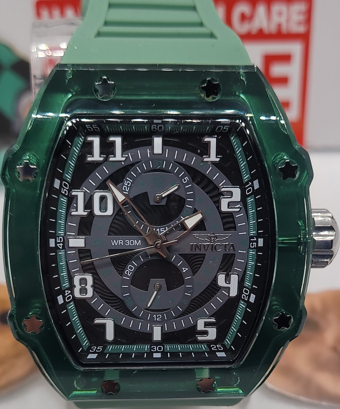 321 Invicta S1 Racing Cyclone transparent basel green silicone band