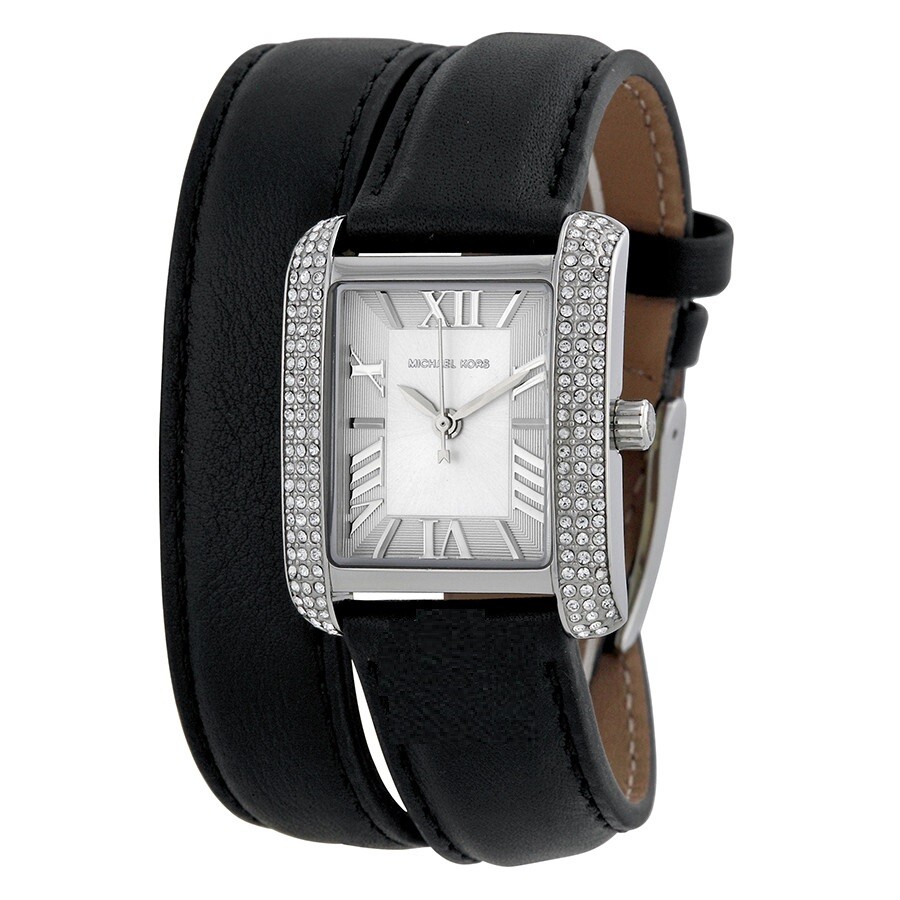 MICHAEL KORS EMERY SILVER,BLACK DOUBLE WRAP LEATHER BAND,CRYSTAL,WATCH-MK2359