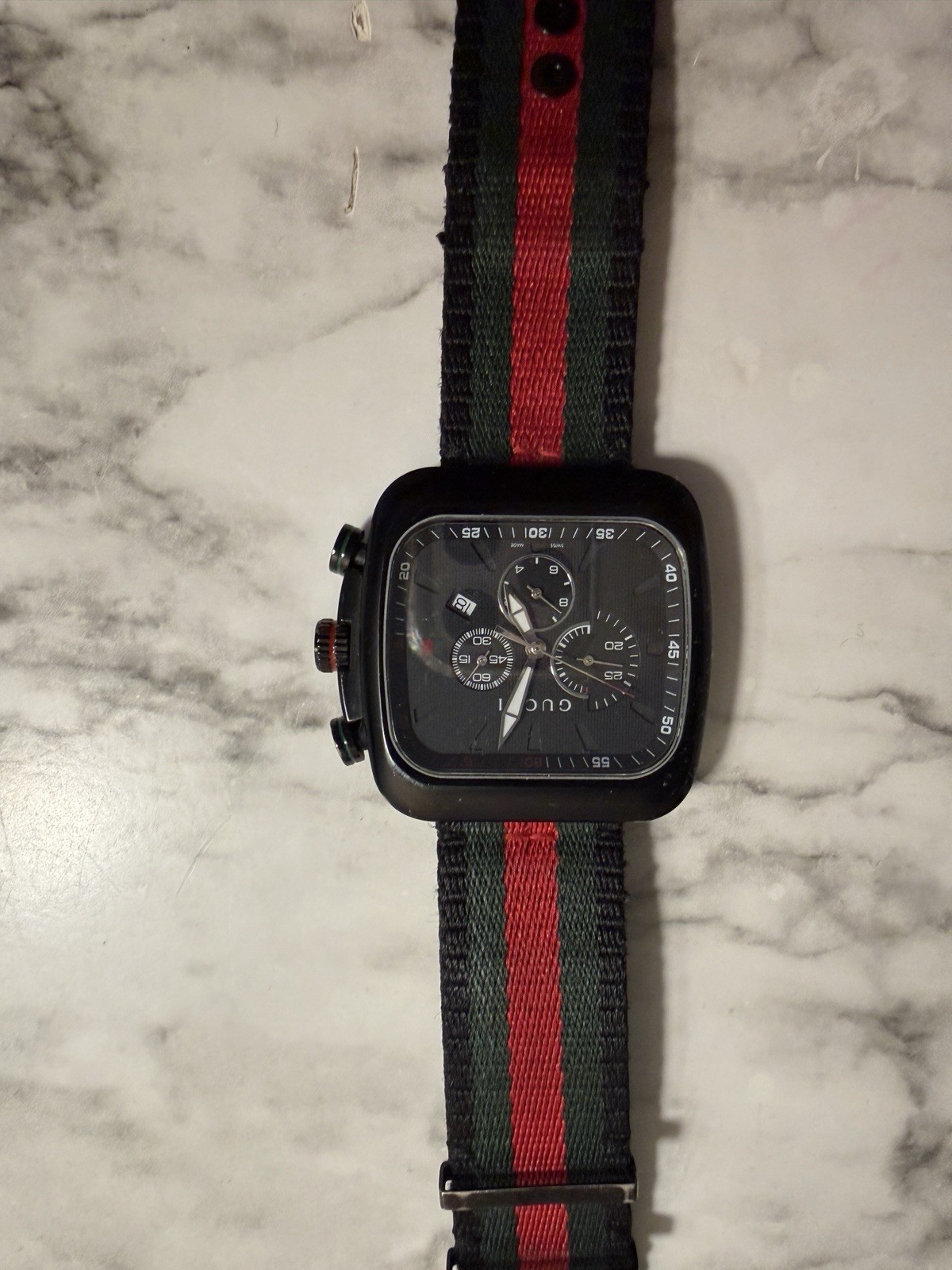Gucci Square Black Dial Quartz Chronograph Date Watch w/ Green Red Nylon Strap