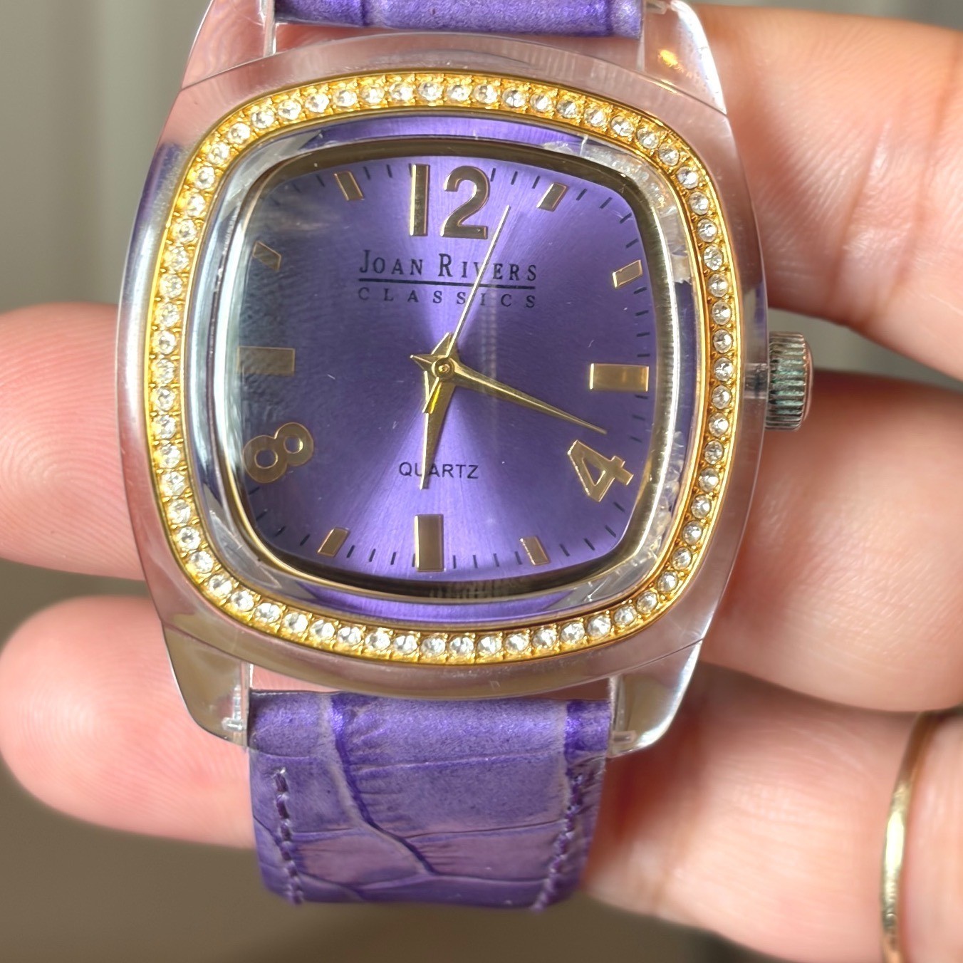 Joan Rivers Classics Purple Dial Crystal Bezel Acrylic Case Leather Watch