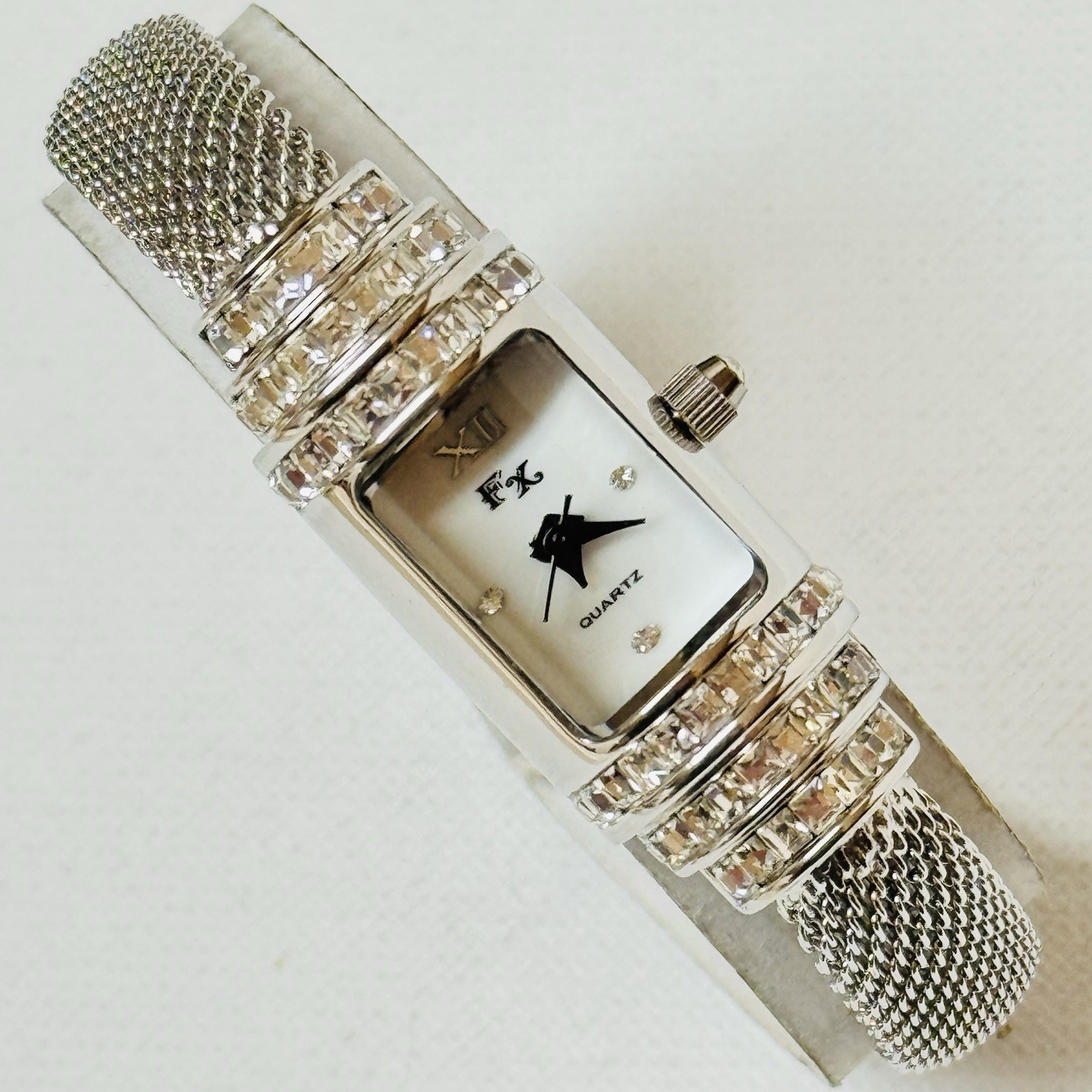 Vintage FX Franz Xavier Women’s Art Deco Crystal Barrel Dress Watch Silver Mesh