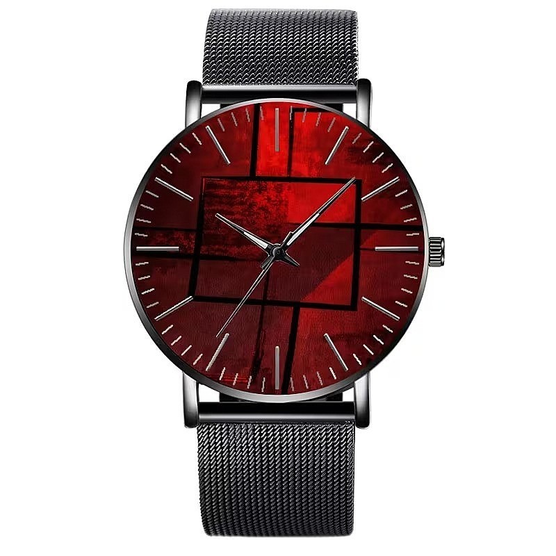 Men’s Red Geometric Dial Quartz Watch Black Mesh Band Minimalist No Battery