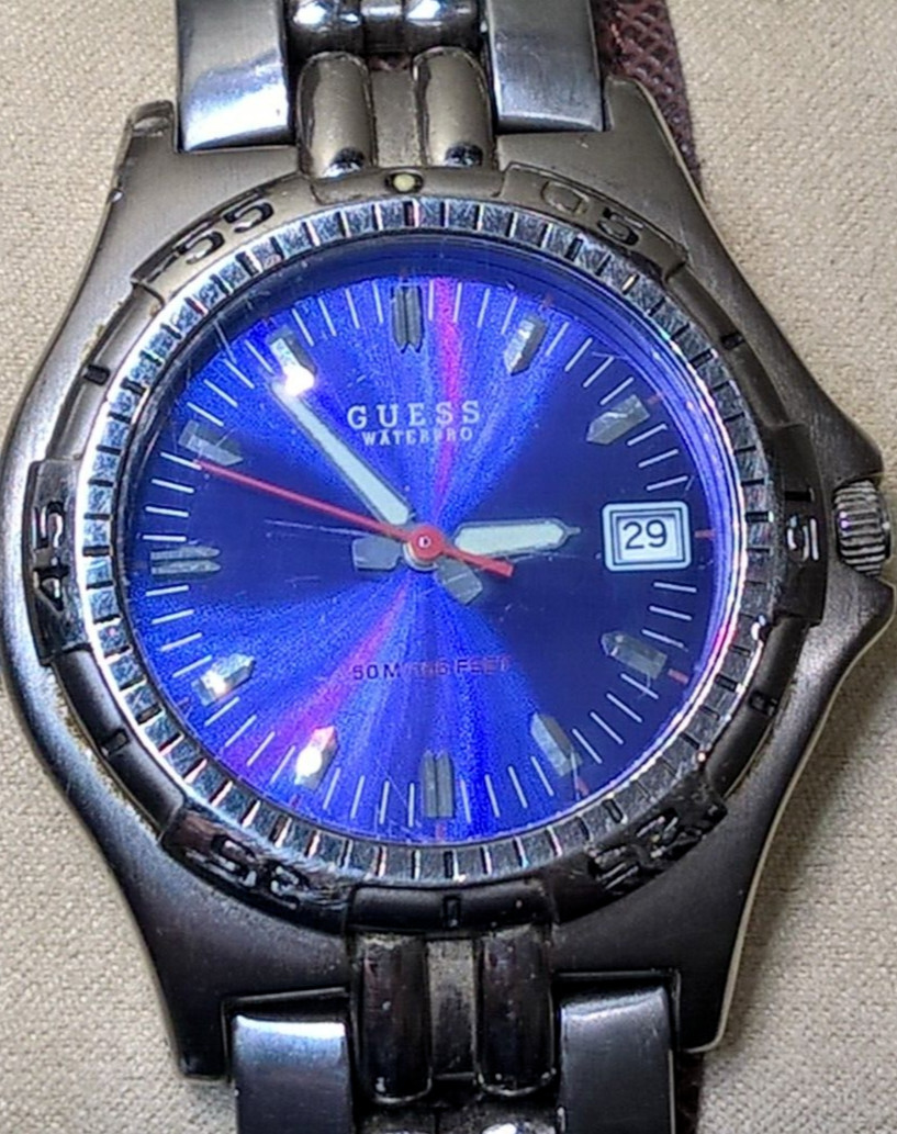 Guess Waterpro Blue Dial Date Indicator Stainless Steel Link Band Watch Japan