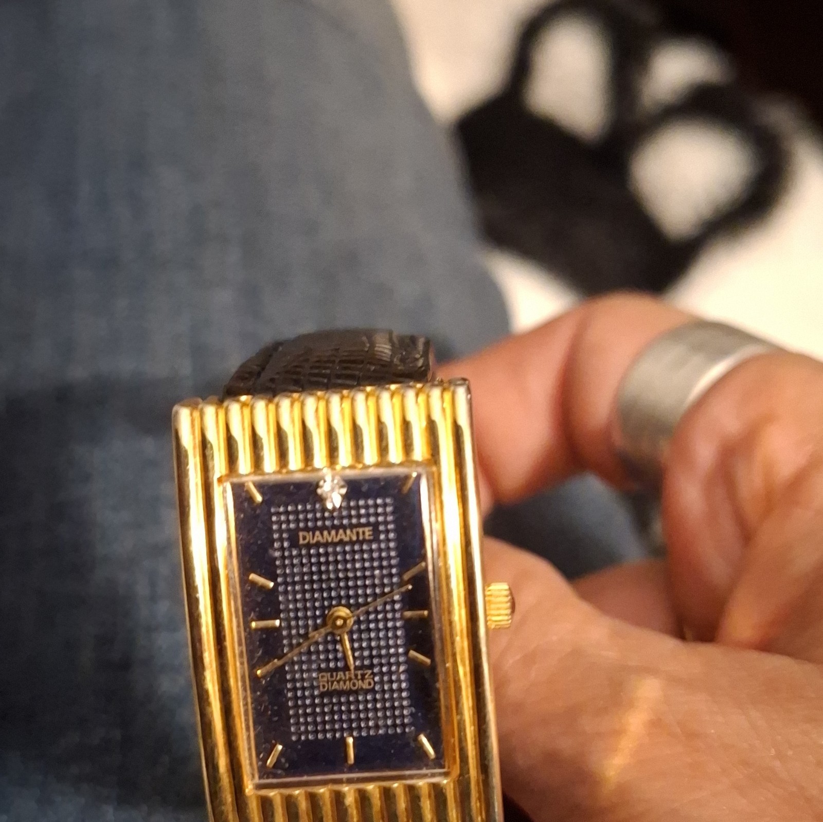 Diamante Quartz Diamond Rectangle Watch Blue Dial, Gold, Black Leather