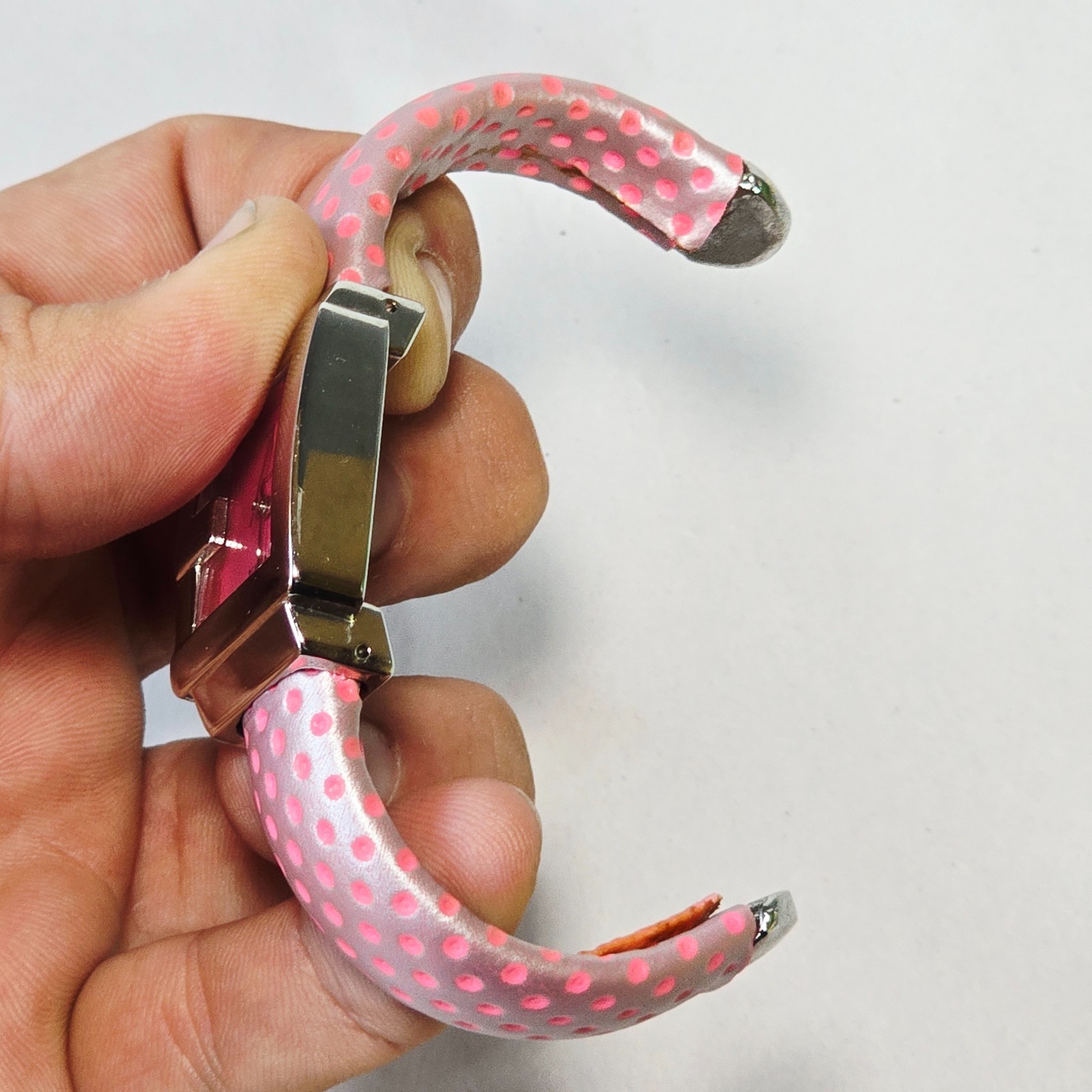 Geneva Bangle Watch Pink Polka Dot Quartz G Shape Bezel Vintage 2000s Retro