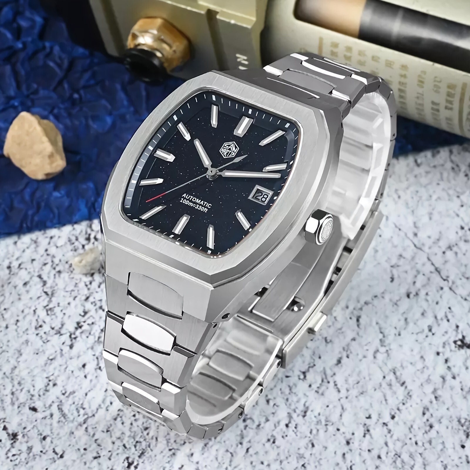 SAN MARTIN SN0145-G Automatic Stainless Steel 39.5mm Barrel Shape Case Men Watch