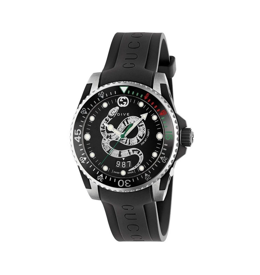Gucci Dive King Snake Black Dial Rubber Strap Watch YA136323