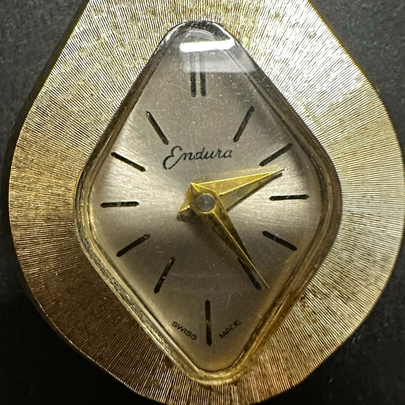 Endura Swiss Made Teardrop Pendant Necklace Watch Gold Tone Silver Dial Manual
