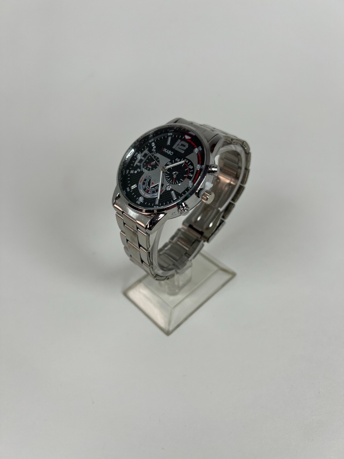 VIKABO Silver Band Black Chronograph Face Red/White Details Watch NEW