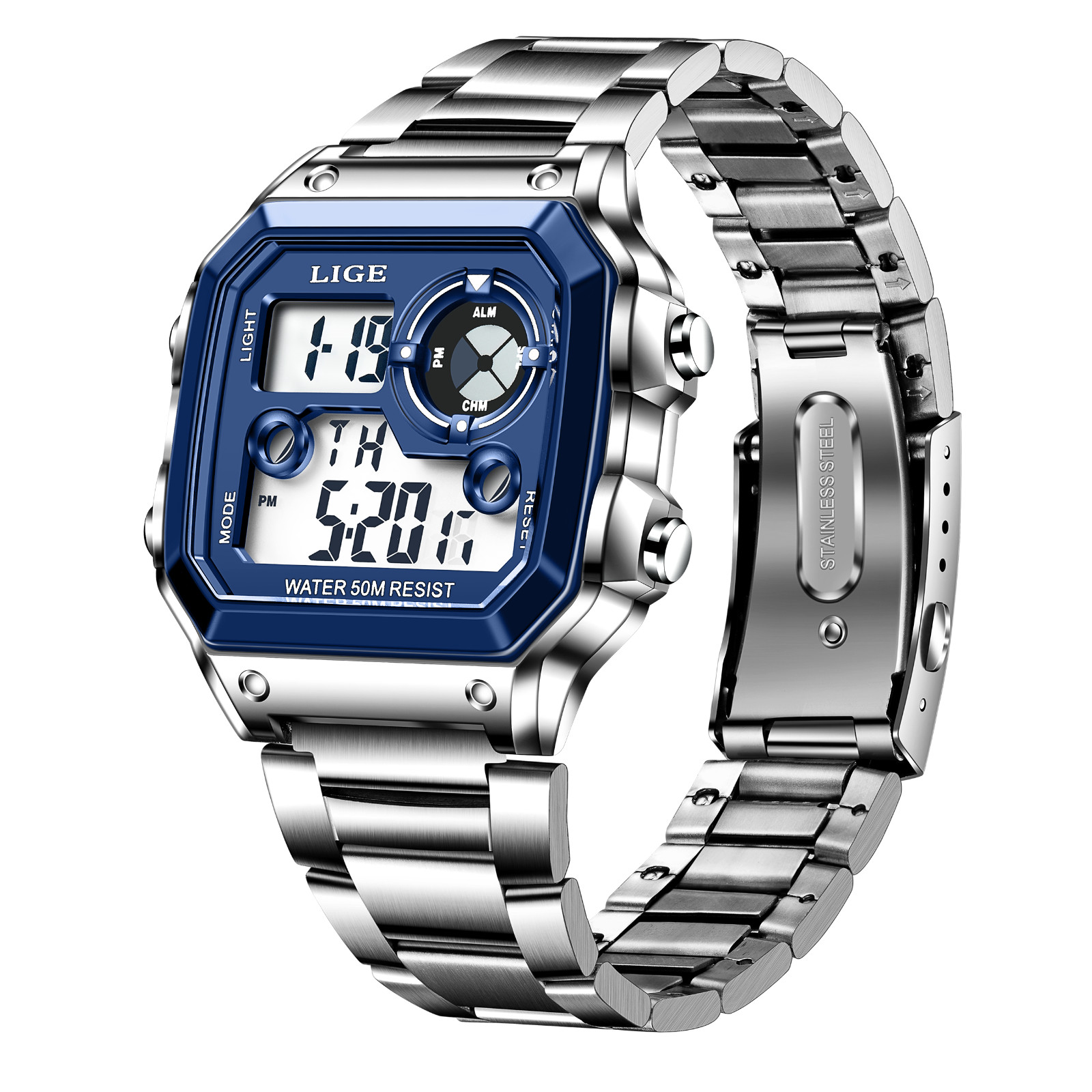 Men Watch Stainless Steel Quartz Digital Chronograph Waterproof Sport Wristwatch