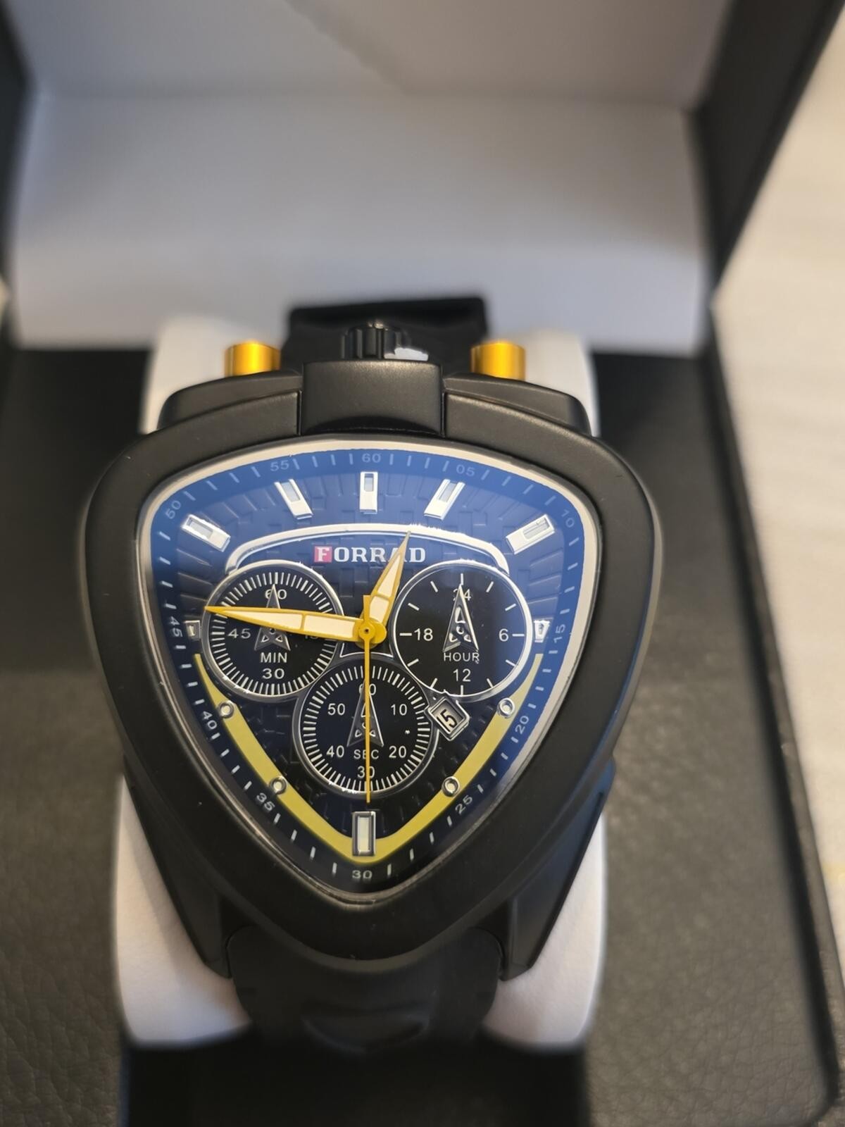 197. FORRAD Black & Blue Triangular Chronograph Watch with Yellow Accents