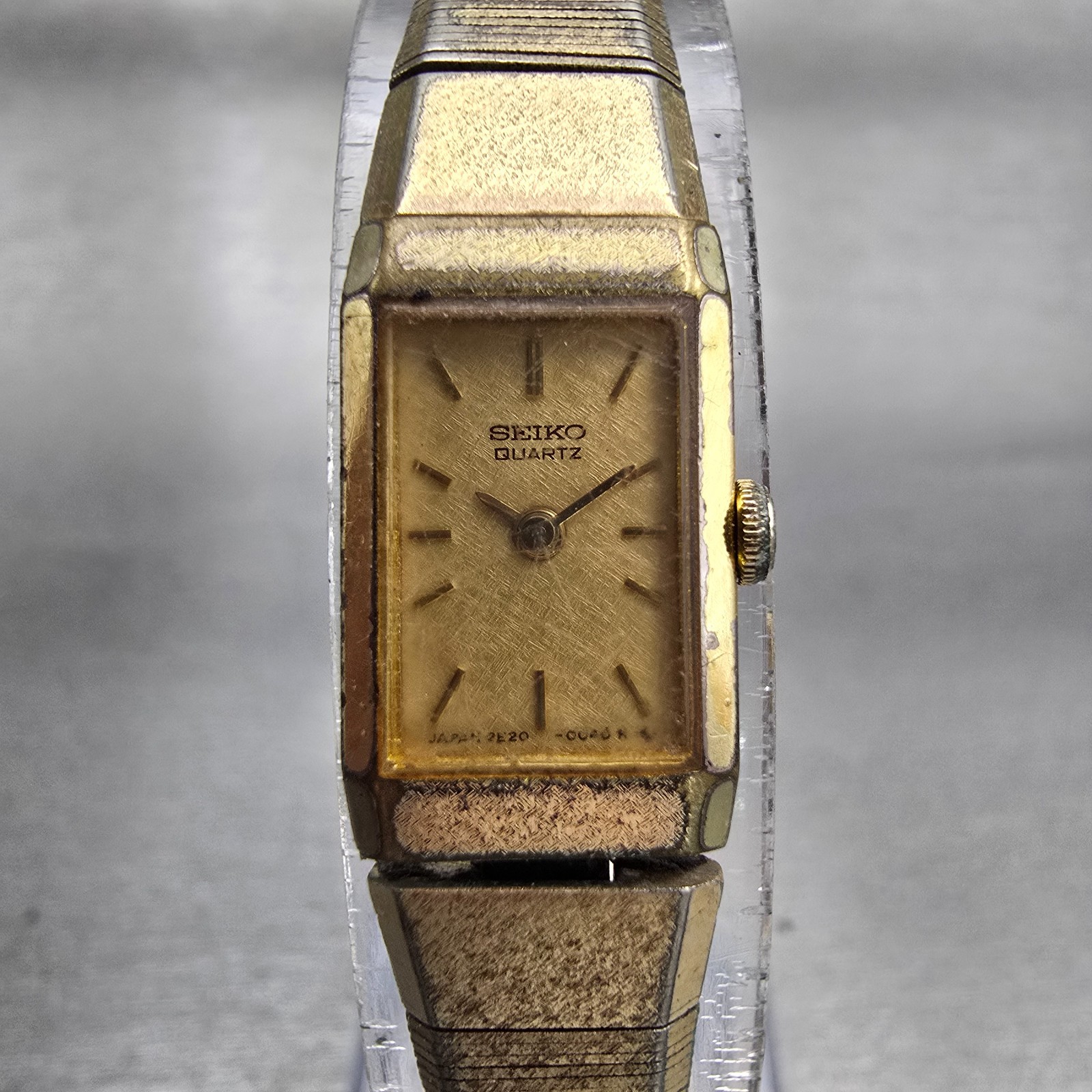 Seiko Watch Women 12mm Gold Dial Gold Tone Rectangle 2E20-5029 New Battery VTG