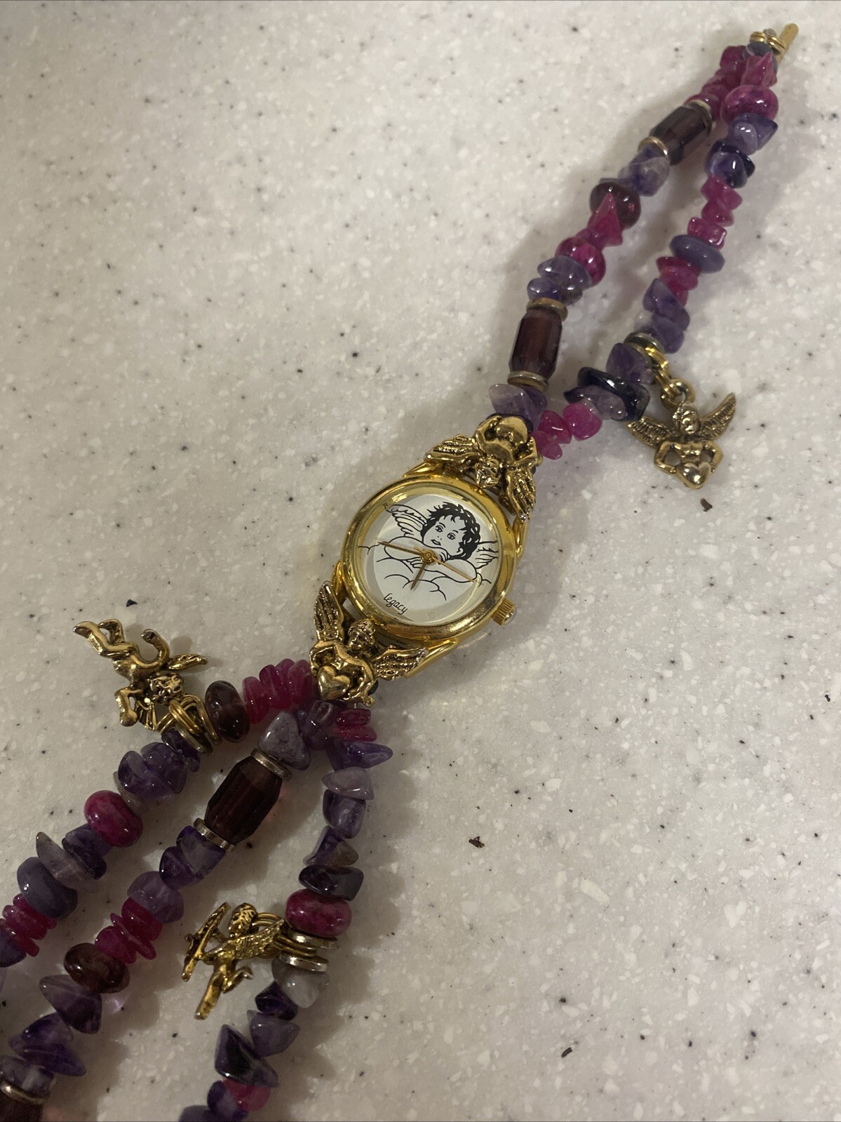 Legacy Watch Women 20mm Angel Stone Purple Beaded Bracelet New Battery