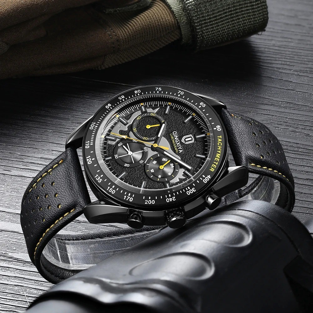 QINGXIYA Luxury Quartz Business Watch Men’s Leather Waterproof Luminous Analog