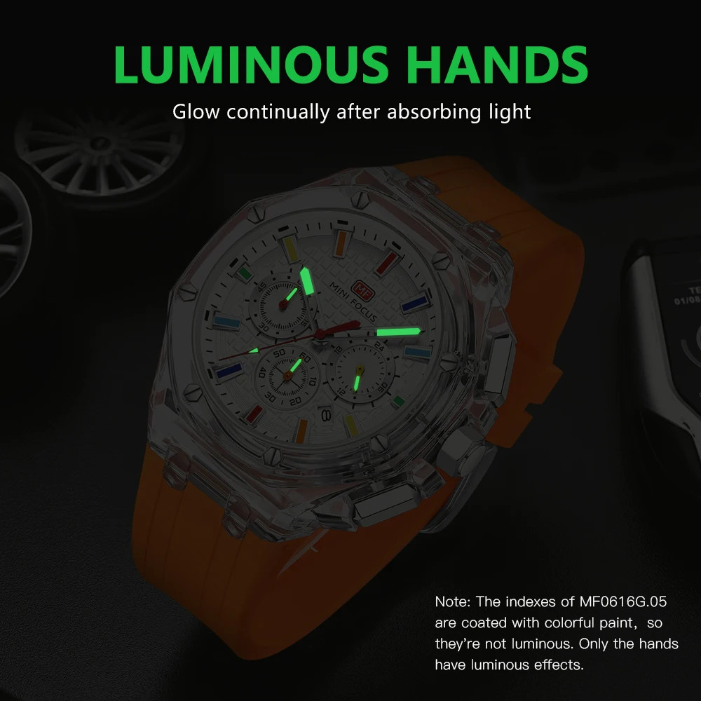Multifunctional Men’s Transparent Case Quartz Watch Waterproof Luminous 0616G