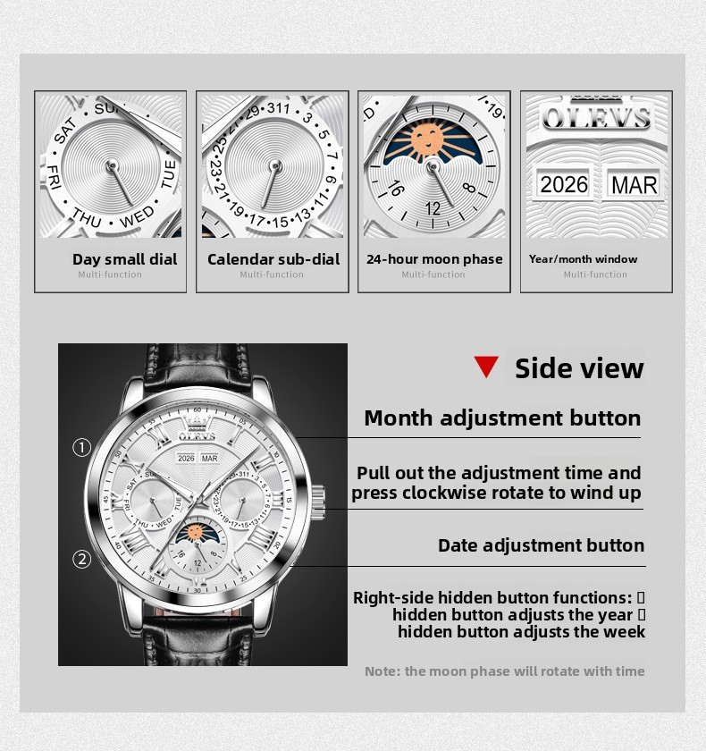 OLEVS Moon Phase Automatic Mechanical Men Watch Self-wind Skeleton Leather Band