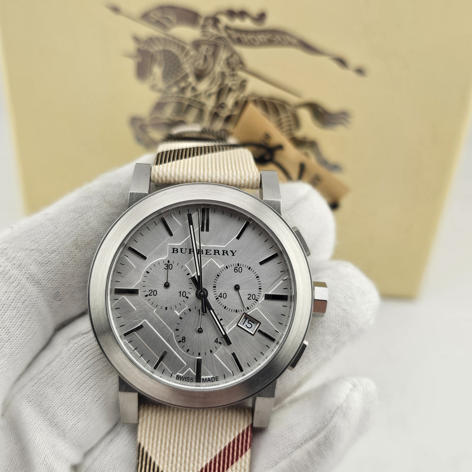 NEW BURBERRY BU9357 MENS WATCH MULTICOLOUR LEATHER FABRIC STRAP SILVER DIAL UK