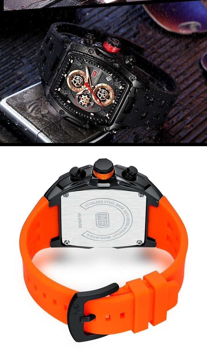 MINI FOCUS Men Tonneau Skeleton Multifunction Chronograph Calendar Quartz Watch