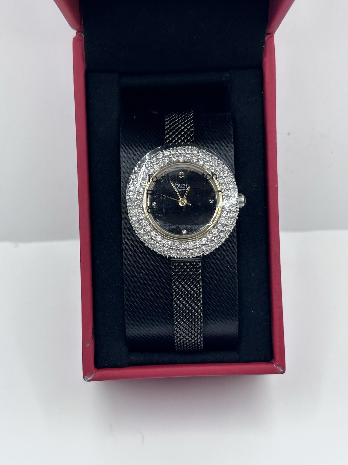 Burgi Diamond Quartz Women’s Black Dial Mesh Bracelet Silver Fixed Bezel Box