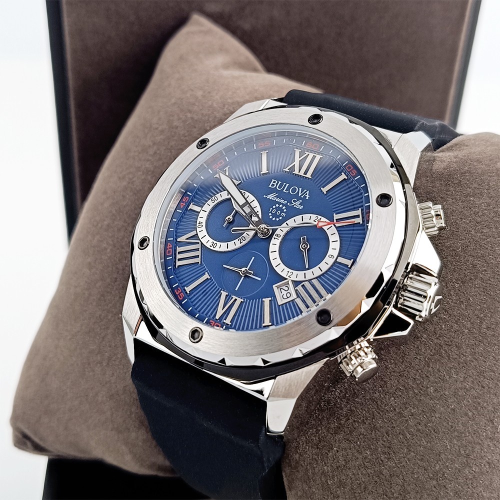 Men’s Bulova Marine Star 98B258 Blue Dial Silicone Strap Chrono Quartz Watch