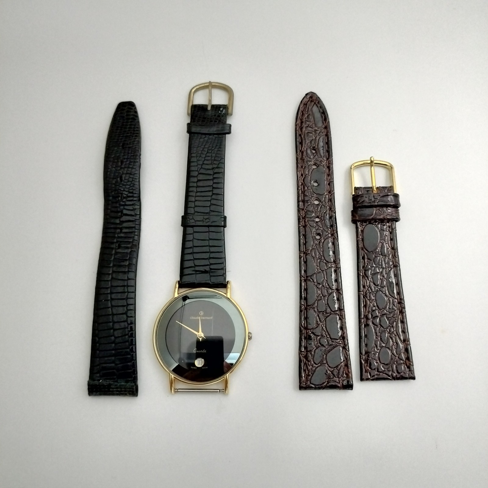 Claude Bernard Swiss Made Watch ETA 955.414 Date Black Gold Luxury Extra Strap