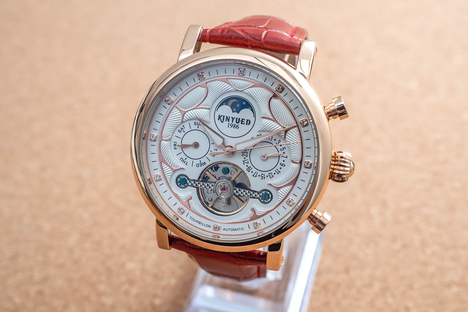 Mens Automatic Mechanical Watch Date Day Rose Gold White Red Leather Strap