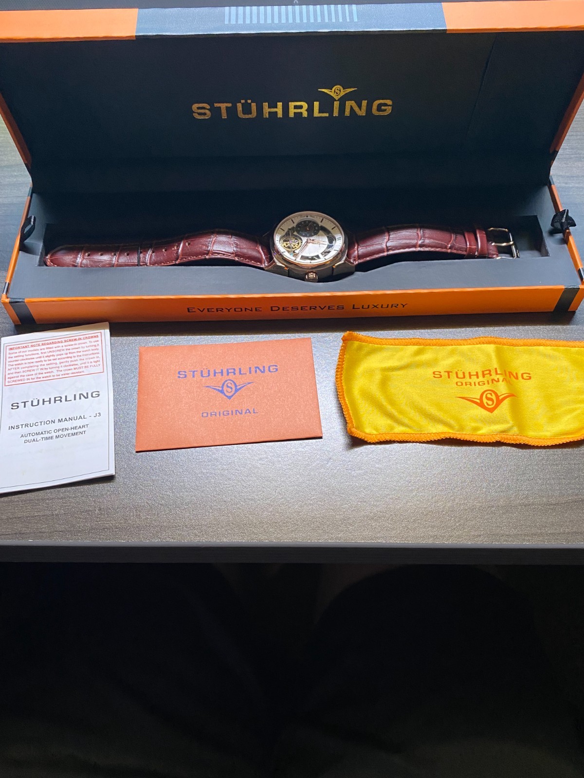 Stuhrling Original Automatic Dual Time Open Heart Rose Gold Watch